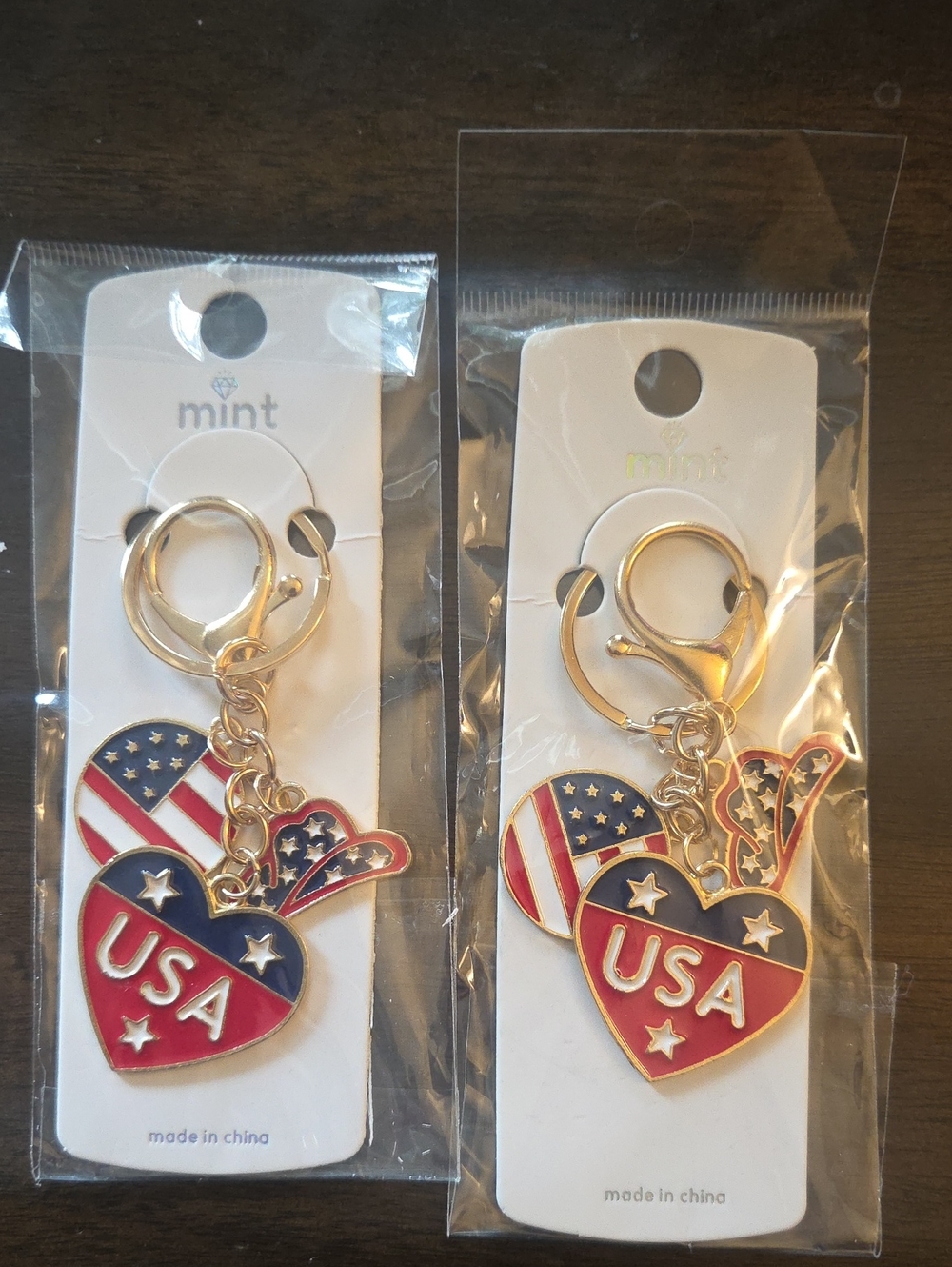 SALE 2 - Mint Gold-Tone USA Heart Keychain with Red, White & Blue Enamel